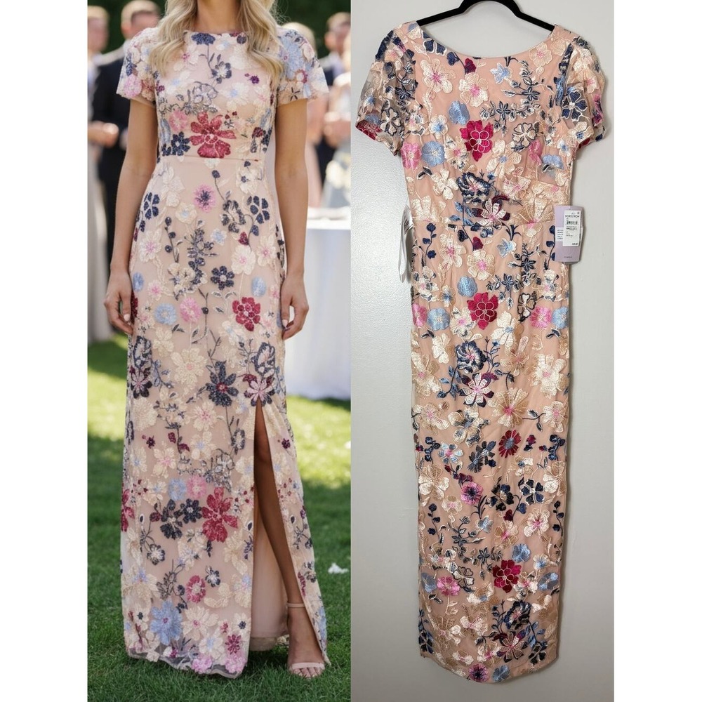 JS Collections Dress 4 Rose Gold Floral Embroidered Wedding Guest Gown Maxi New